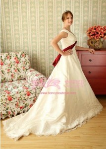 Satin/Lace Off-the-shoulder A-line with Bow/Sash Retro Wedding Dress